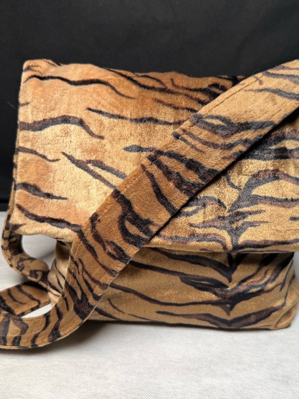 Tiger-Print Faux Fur Crossbody Bag in Tan and Black